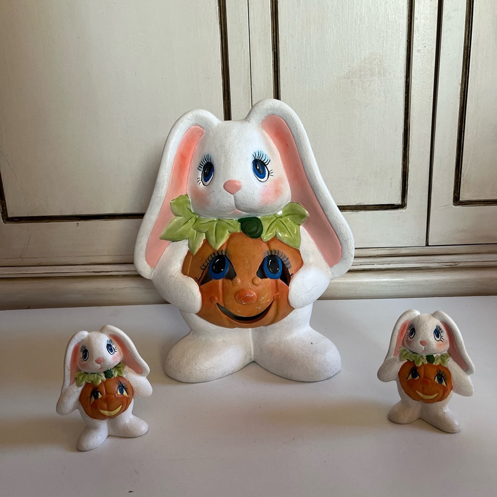 Vintage Easter Halloween Rabbit Bunny Figurines w/pumpkin stomach ceramic decor